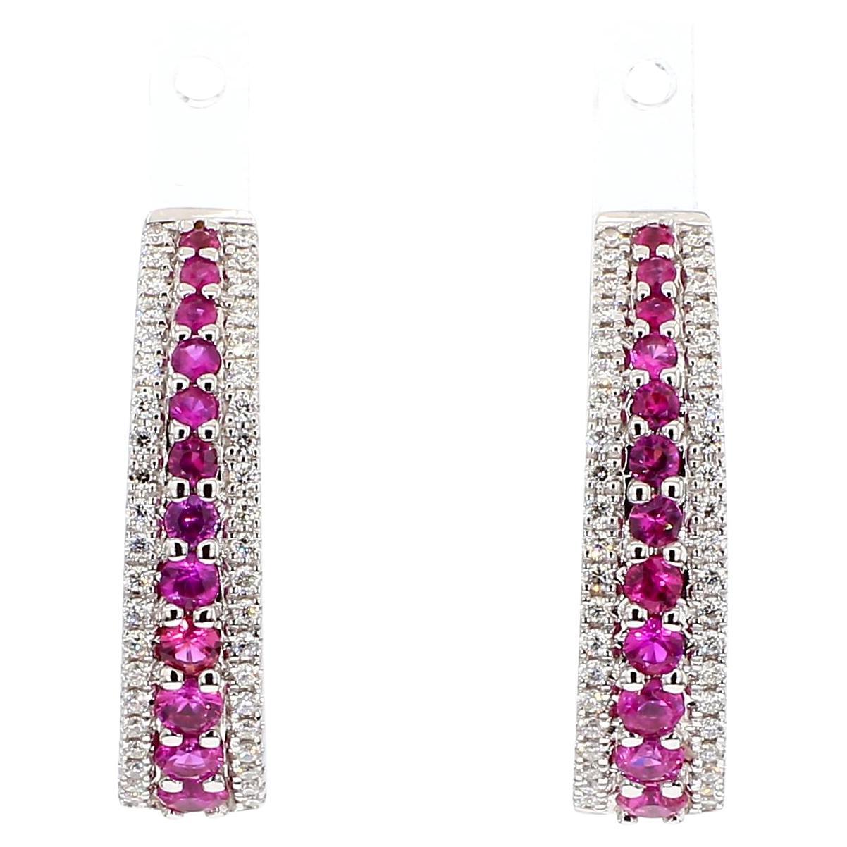 Natural Red Round Ruby and White Diamond 1.26 Carat TW White Gold Hoop Earrings