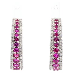 Natural Red Round Ruby and White Diamond 1.26 Carat TW White Gold Hoop Earrings