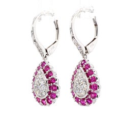 Natural Red Round Ruby and White Diamond 1.34 Carat TW White Gold Drop Earrings