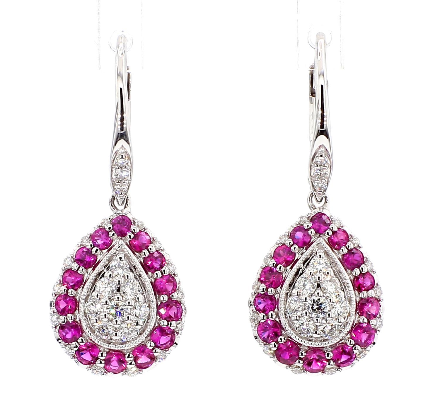 Contemporary Natural Red Round Ruby and White Diamond 1.34 Carat TW White Gold Drop Earrings For Sale