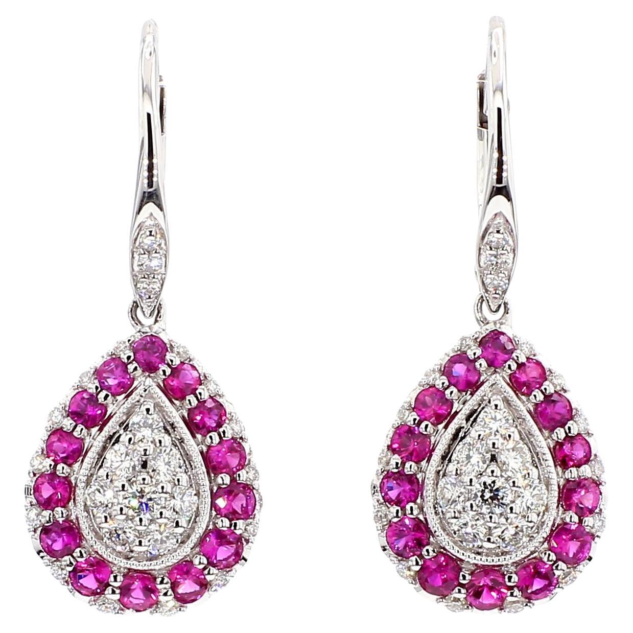 Pendientes de Gota de Oro Blanco de 1,34 Quilates TW de Rubí Rojo Redondo Natural y Diamante Blanco