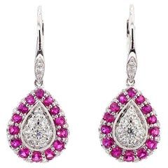 Boucles d'oreilles pendantes en or blanc avec rubis rond rouge naturel et diamant blanc 1,34 carat TW