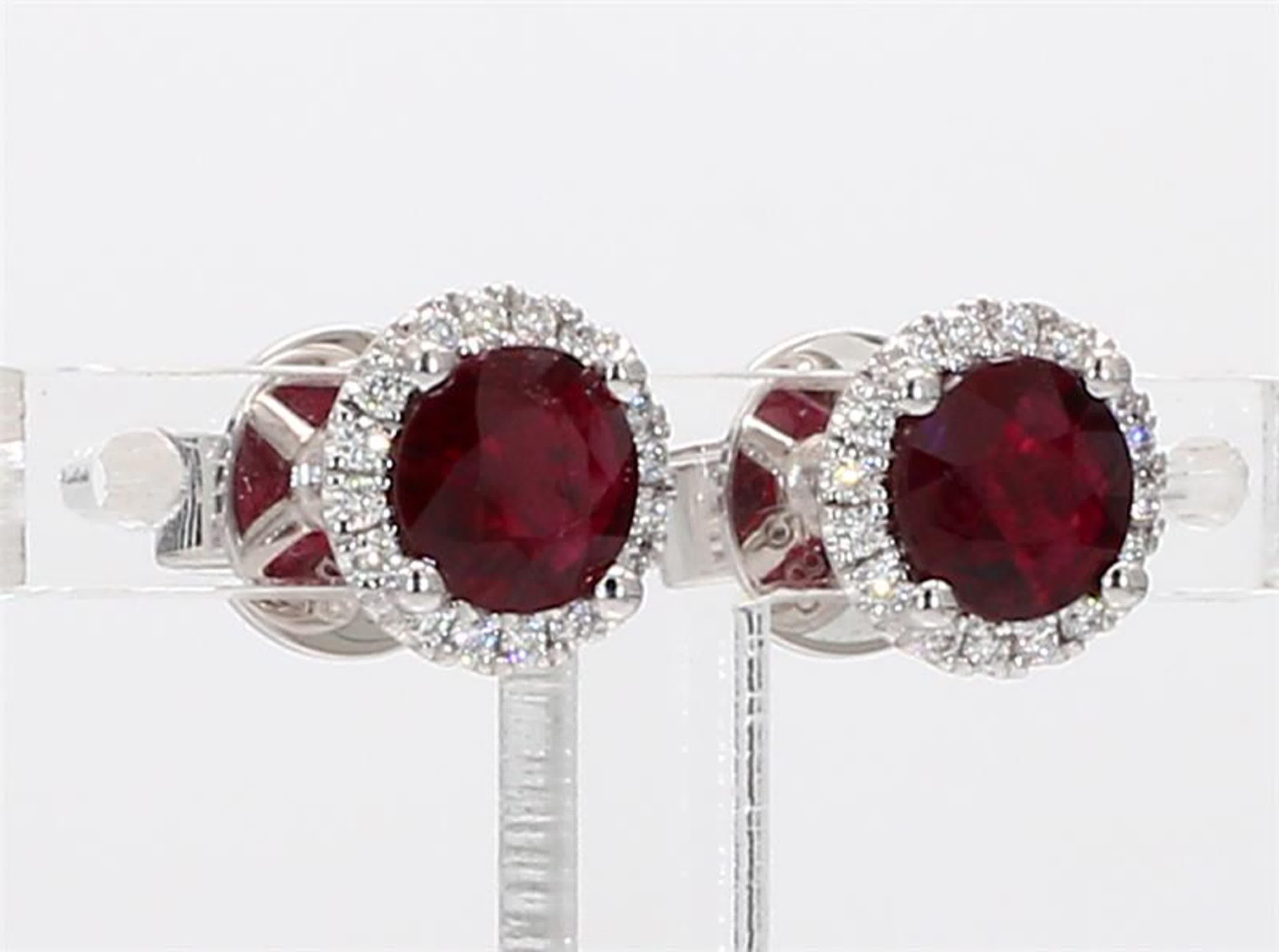 Women's Natural Red Round Ruby and White Diamond 1.41 Carat TW White Gold Stud Earrings
