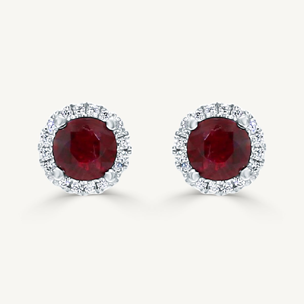 Natural Red Round Ruby and White Diamond 1.41 Carat TW White Gold Stud Earrings