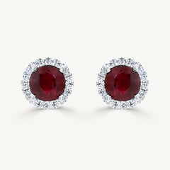 Natural Red Round Ruby and White Diamond 1.41 Carat TW White Gold Stud Earrings