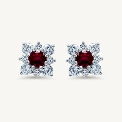 Natural Red Round Ruby and White Diamond 1.47 Carat TW White Gold Stud Earrings
