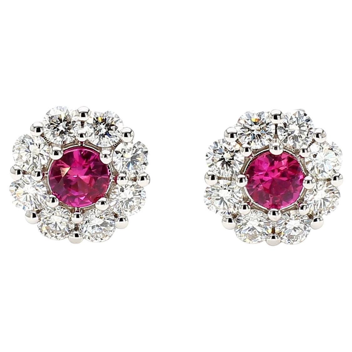 Natural Red Round Ruby and White Diamond 1.68 Carat TW White Gold Stud Earrings
