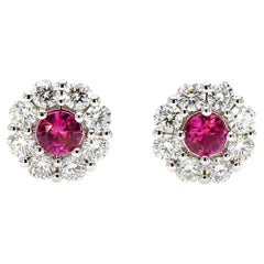 Natural Red Round Ruby and White Diamond 1.68 Carat TW White Gold Stud Earrings