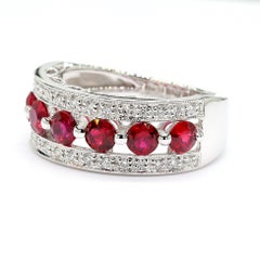 Natural Red Round Ruby and White Diamond 1.69 Carat TW Gold Cocktail Band