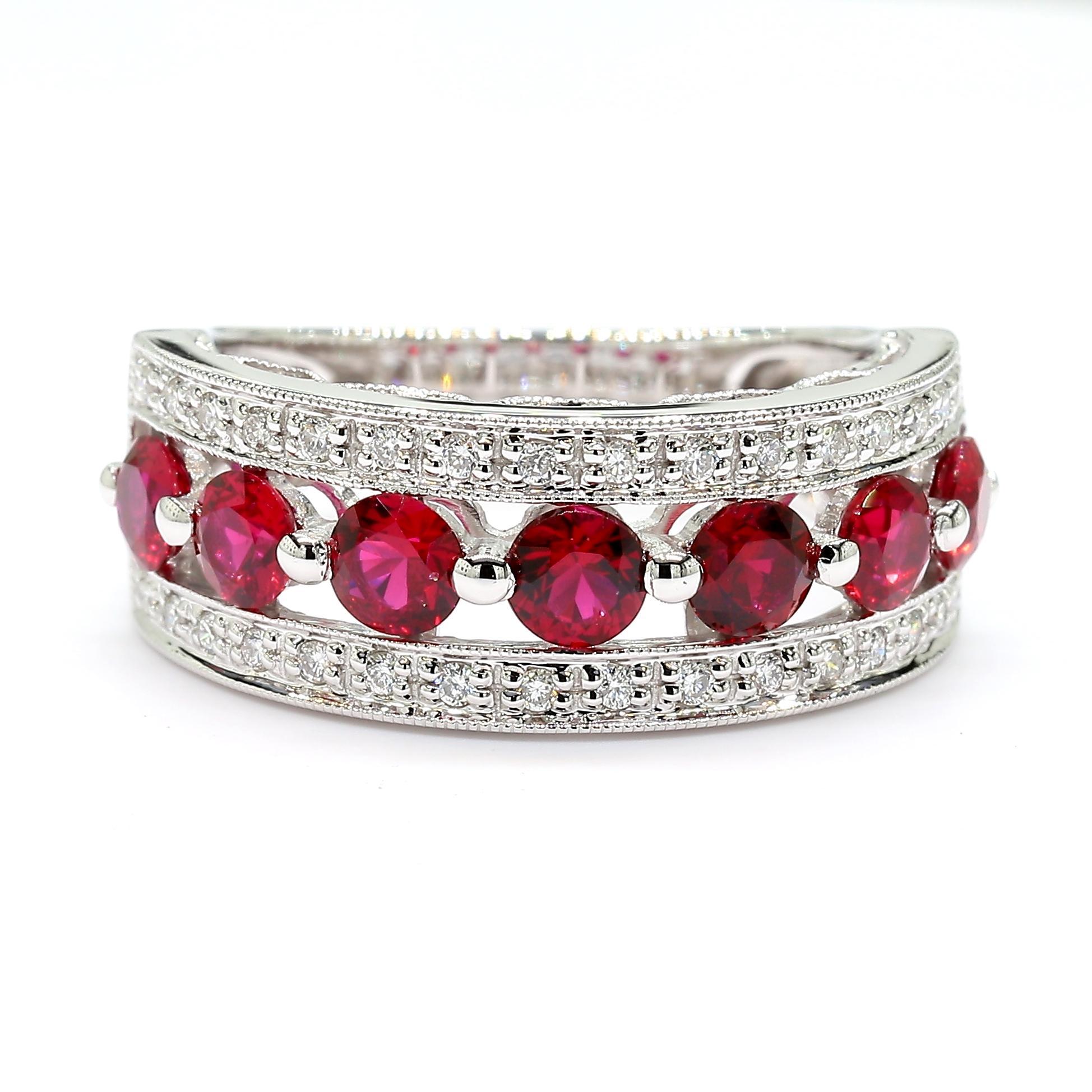Contemporary Natural Red Round Ruby and White Diamond 1.69 Carat TW Gold Cocktail Band For Sale
