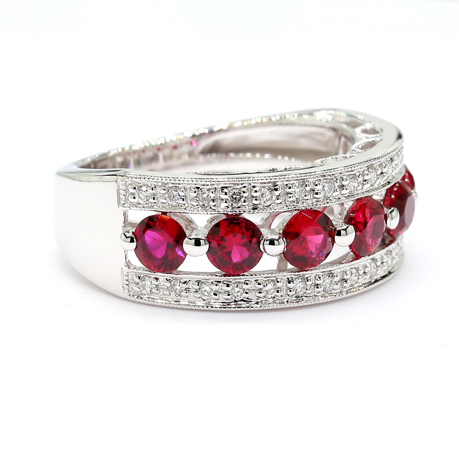 Round Cut Natural Red Round Ruby and White Diamond 1.69 Carat TW Gold Cocktail Band For Sale