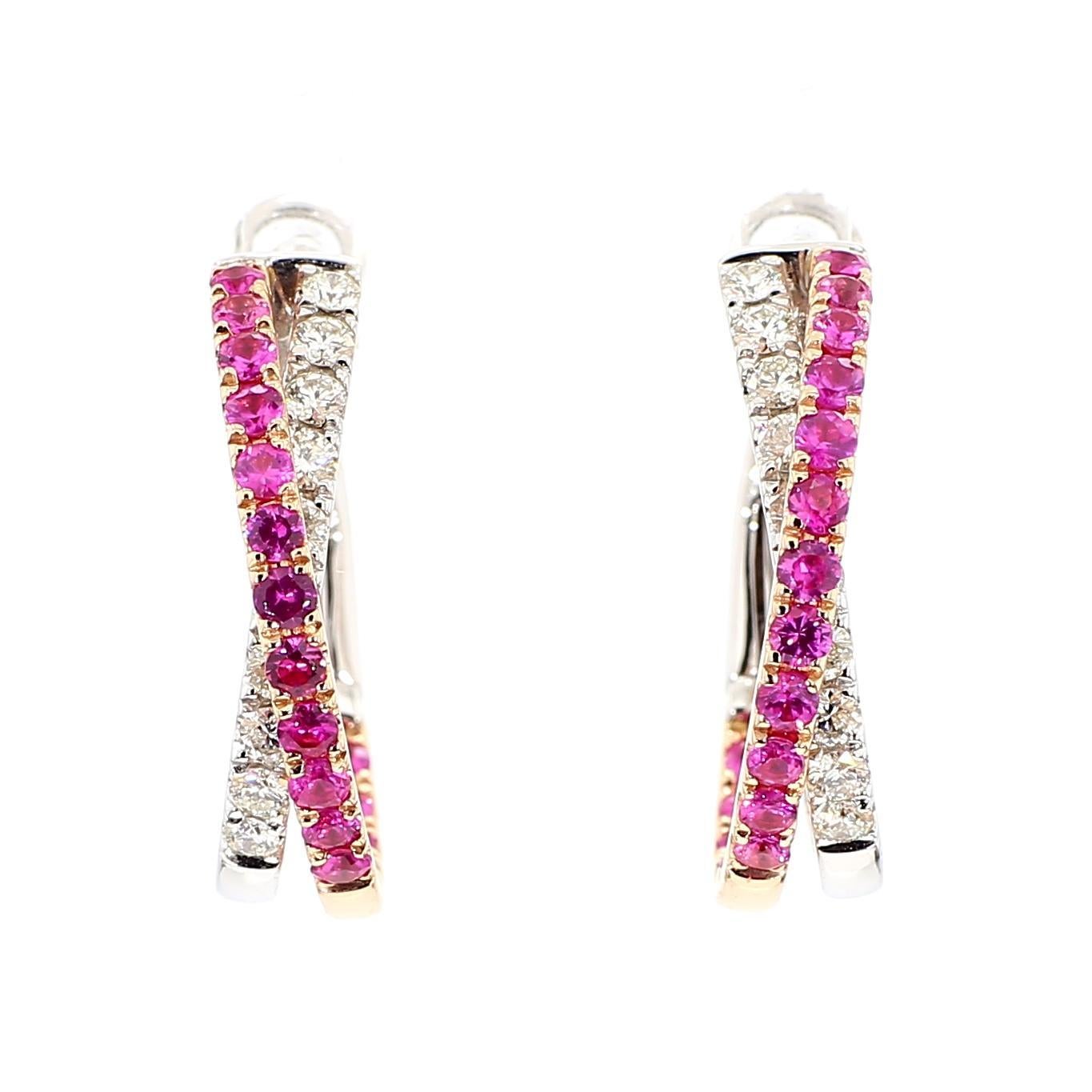 Contemporain Boucles d'oreilles pendantes en or rose, rubis rond rouge naturel et diamant blanc de 2.01 carat poids total en vente