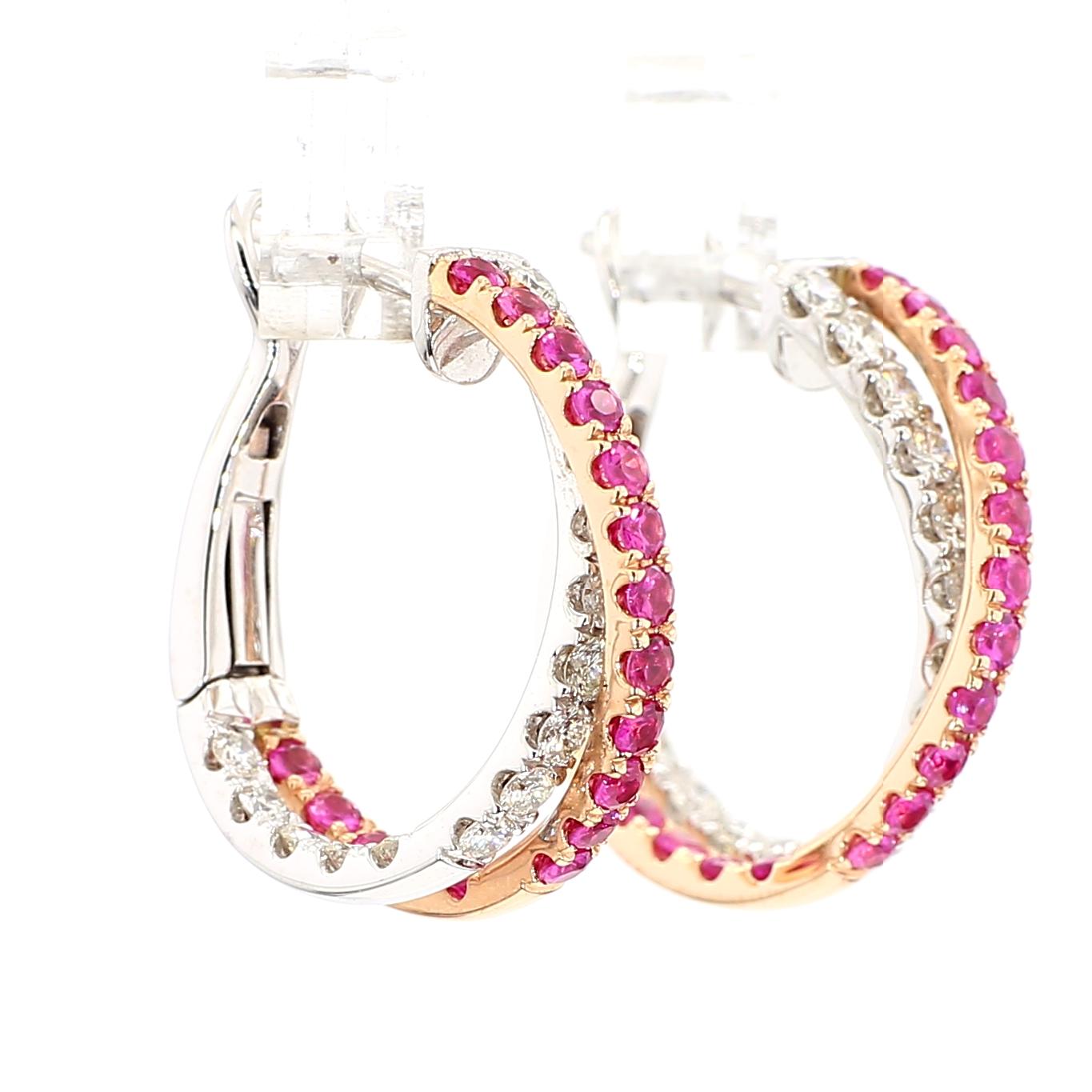 Boucles d'oreilles pendantes en or rose, rubis rond rouge naturel et diamant blanc de 2.01 carat poids total Pour femmes en vente