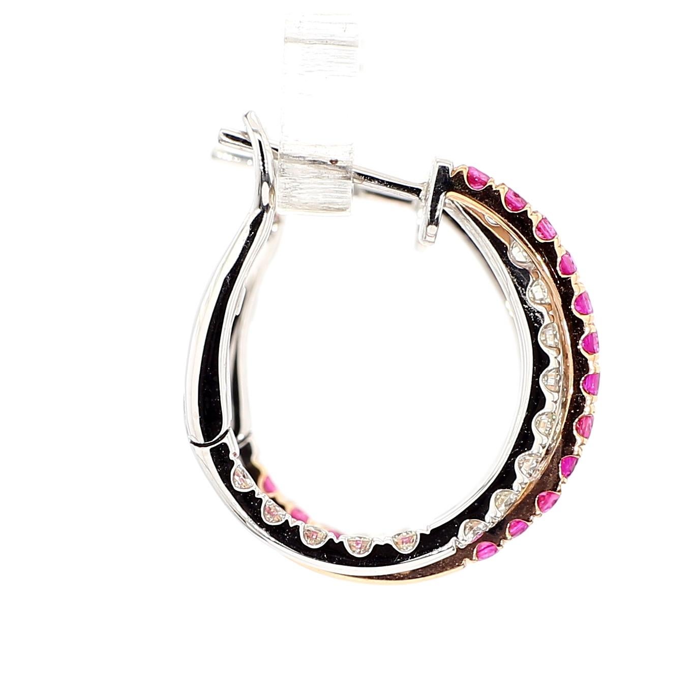 Boucles d'oreilles pendantes en or rose, rubis rond rouge naturel et diamant blanc de 2.01 carat poids total en vente 1