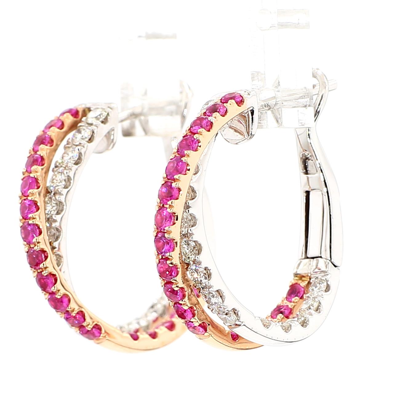 Boucles d'oreilles pendantes en or rose, rubis rond rouge naturel et diamant blanc de 2.01 carat poids total en vente 3