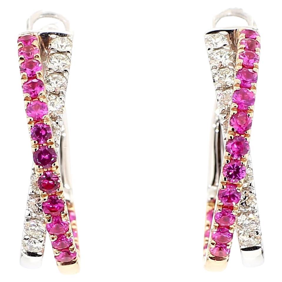 Boucles d'oreilles pendantes en or rose, rubis rond rouge naturel et diamant blanc de 2.01 carat poids total en vente