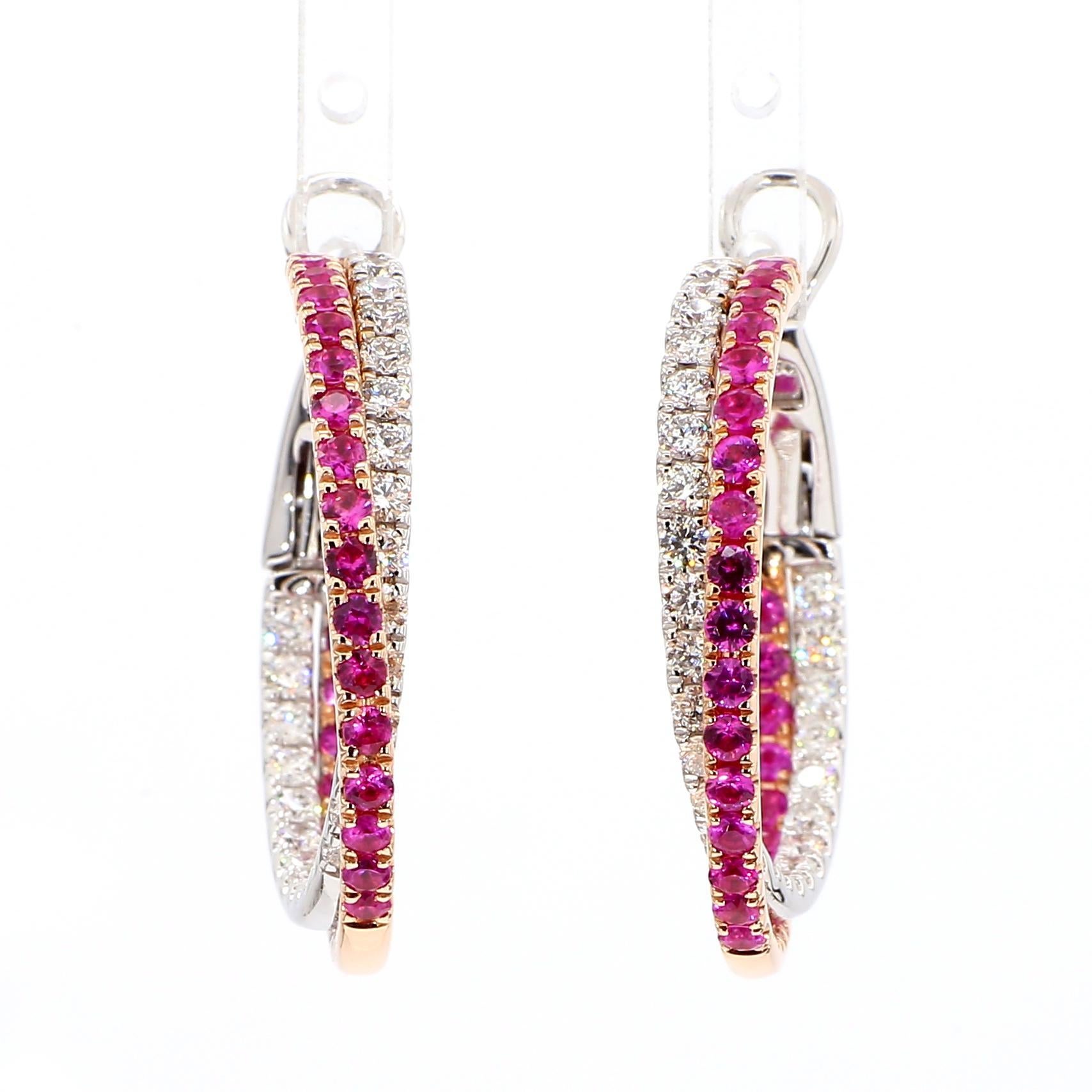 Pendientes redondos de rubí rojo natural y diamante blanco de 3.16 quilates TW de oro rosa Contemporáneo en venta