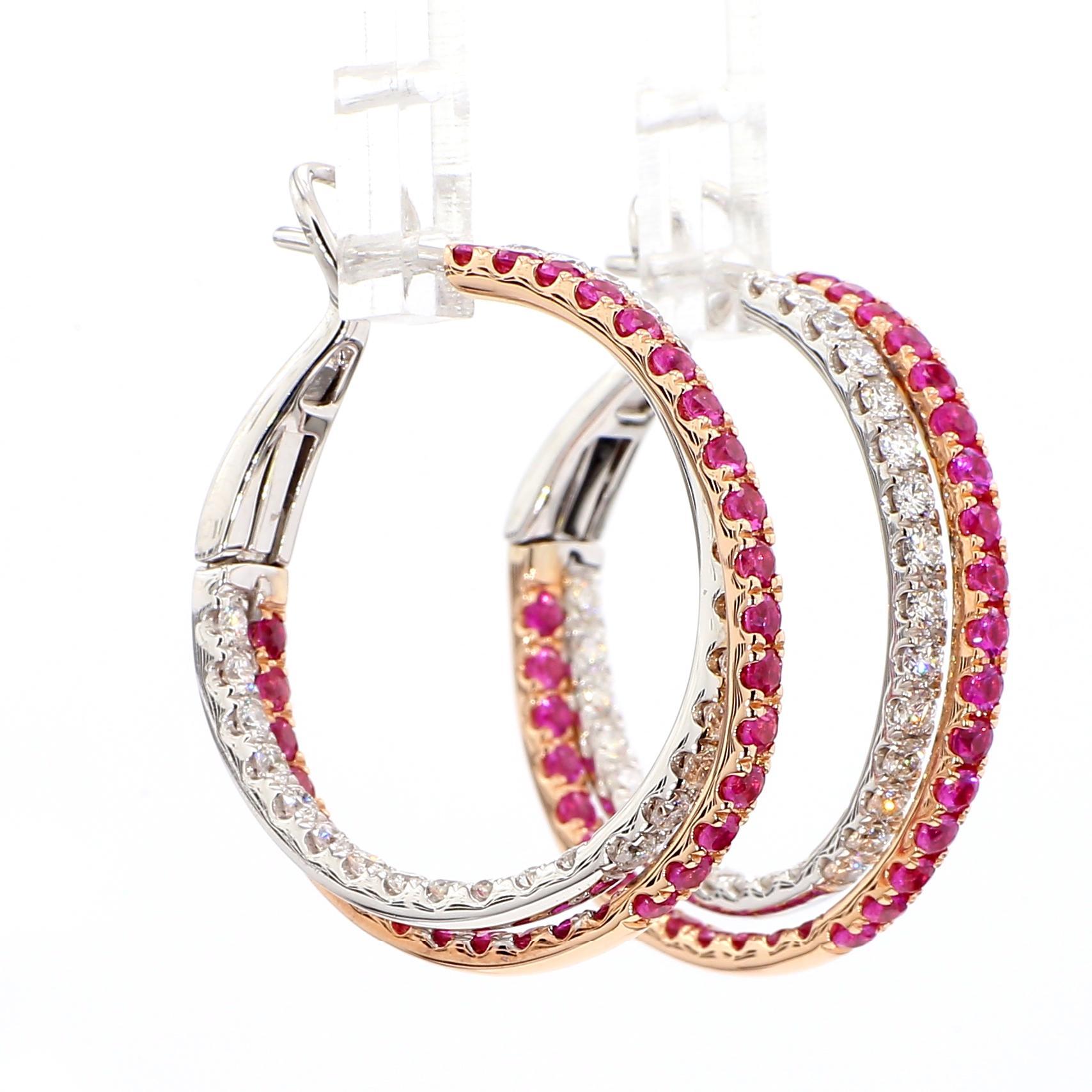 Pendientes redondos de rubí rojo natural y diamante blanco de 3.16 quilates TW de oro rosa Corte redondo en venta