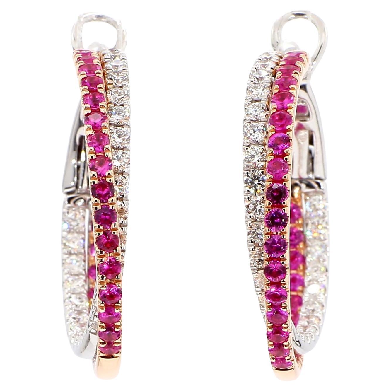 Natural Red Round Ruby and White Diamond 3.16 Carat TW Rose Gold Drop Earrings