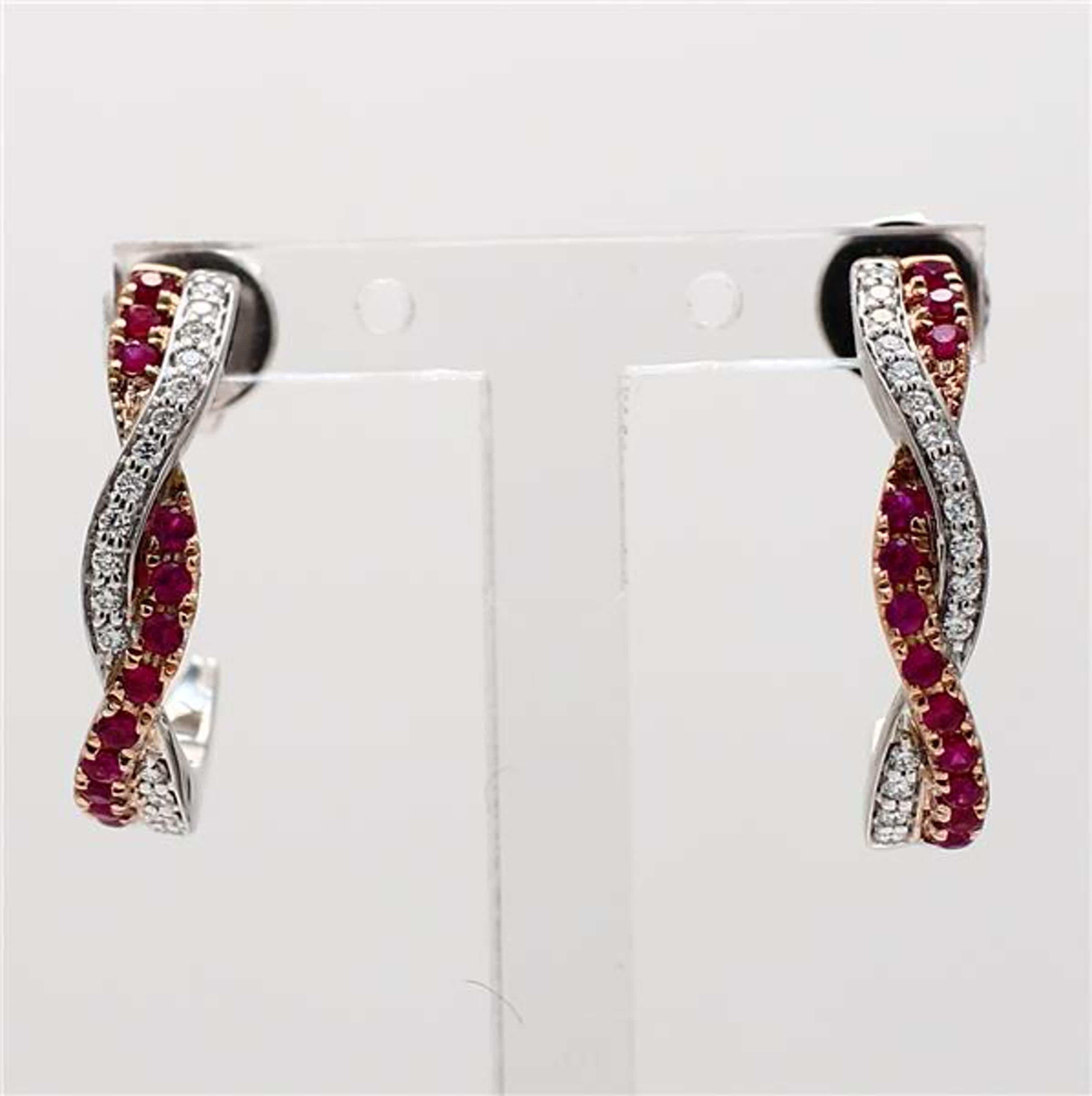 RareGemWorld's classic ruby earrings. Mounted in a beautiful 18K Rose and White Gold setting with natural round cut red ruby's. These earrings include both natural round red ruby's and natural round white diamond melee in a beautiful interlocking