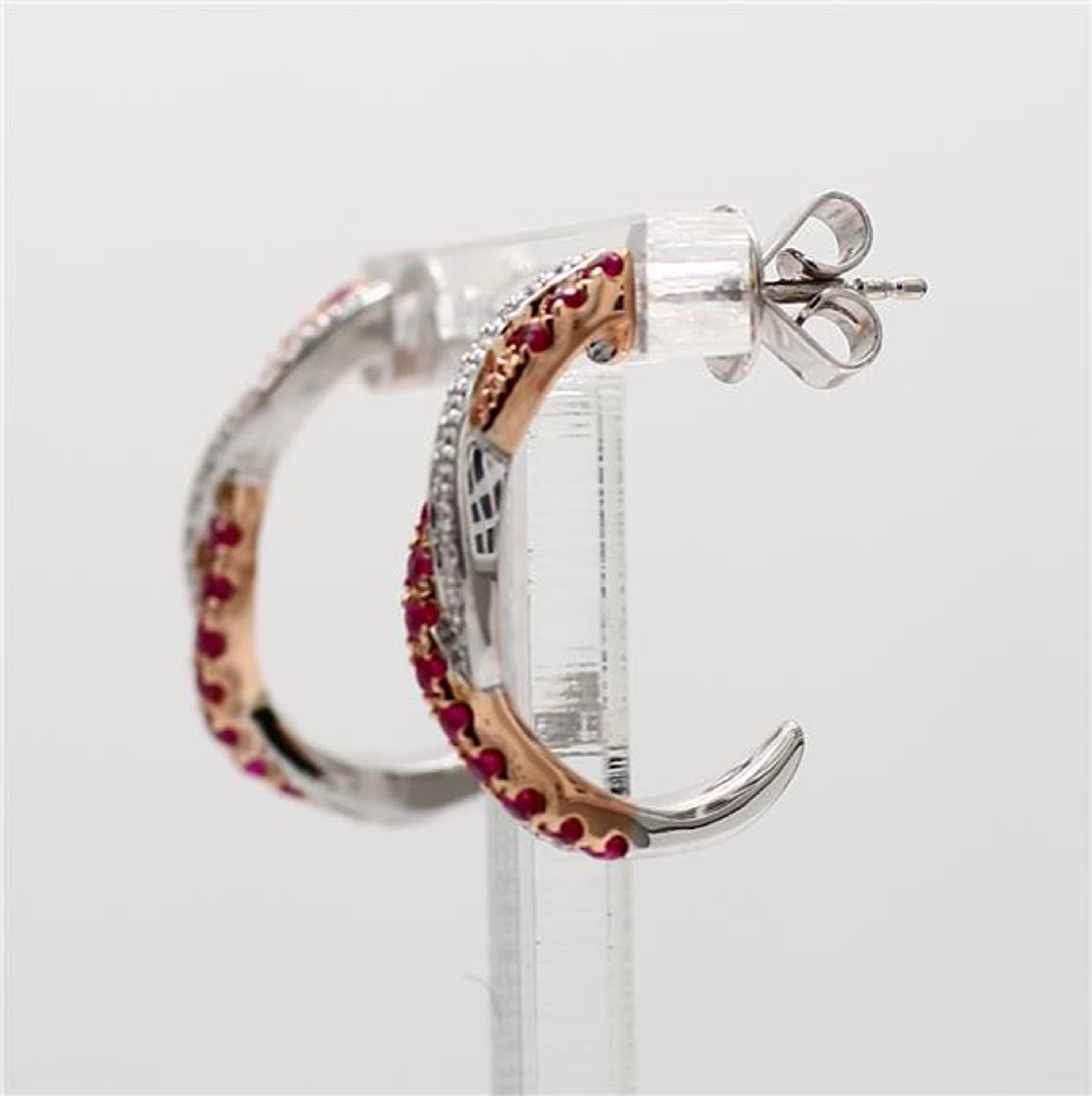 Contemporary Natural Red Round Ruby and White Diamond .53 Carat TW Rose Gold Drop Earrings For Sale