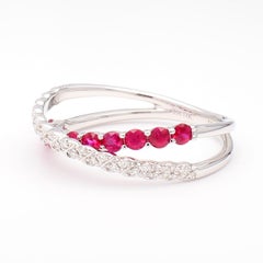 Natural Red Round Ruby and White Diamond .62 Carat TW Gold Wedding Band