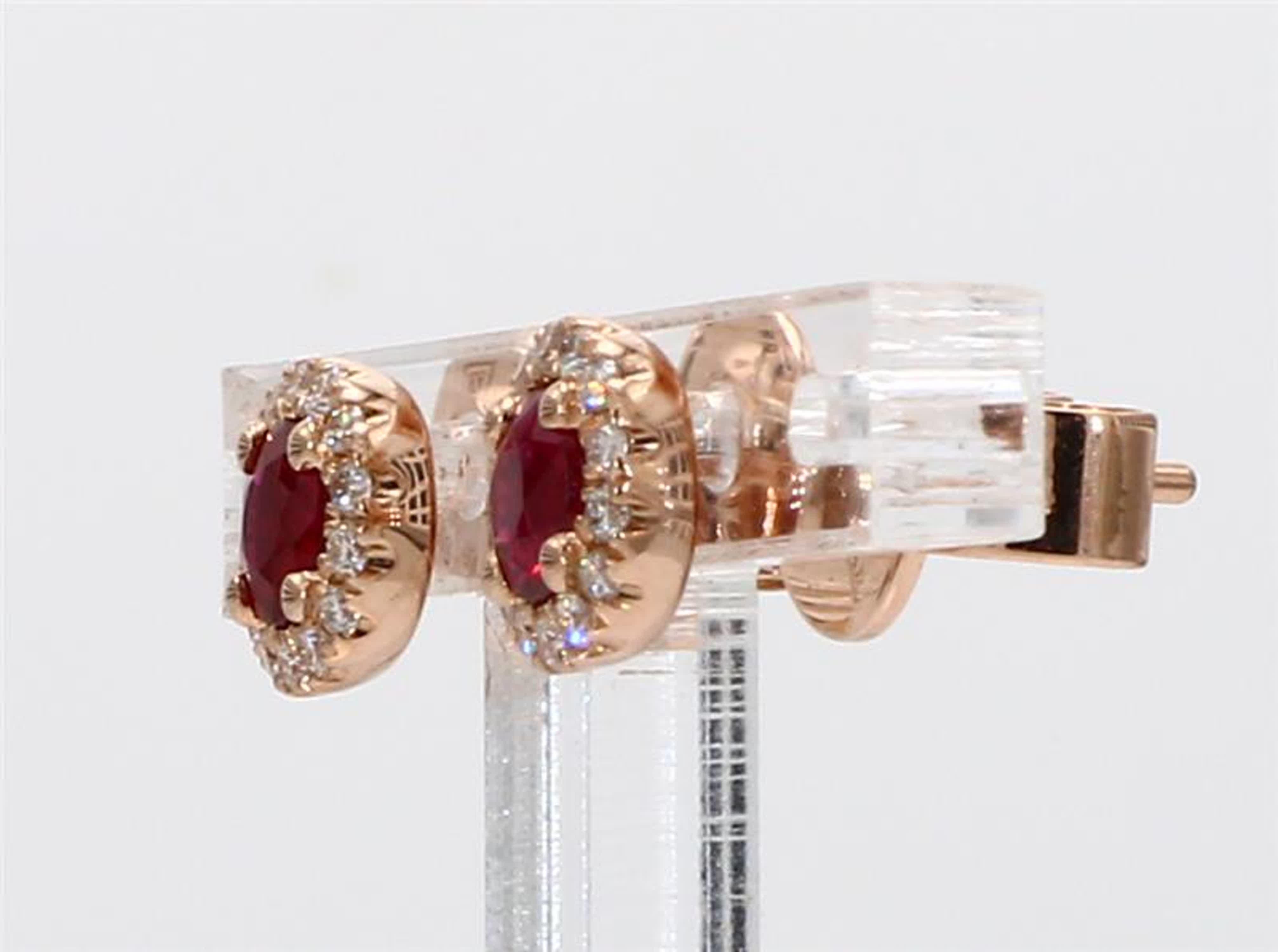 Contemporary Natural Red Round Ruby and White Diamond .72 Carat TW Rose Gold Stud Earrings For Sale