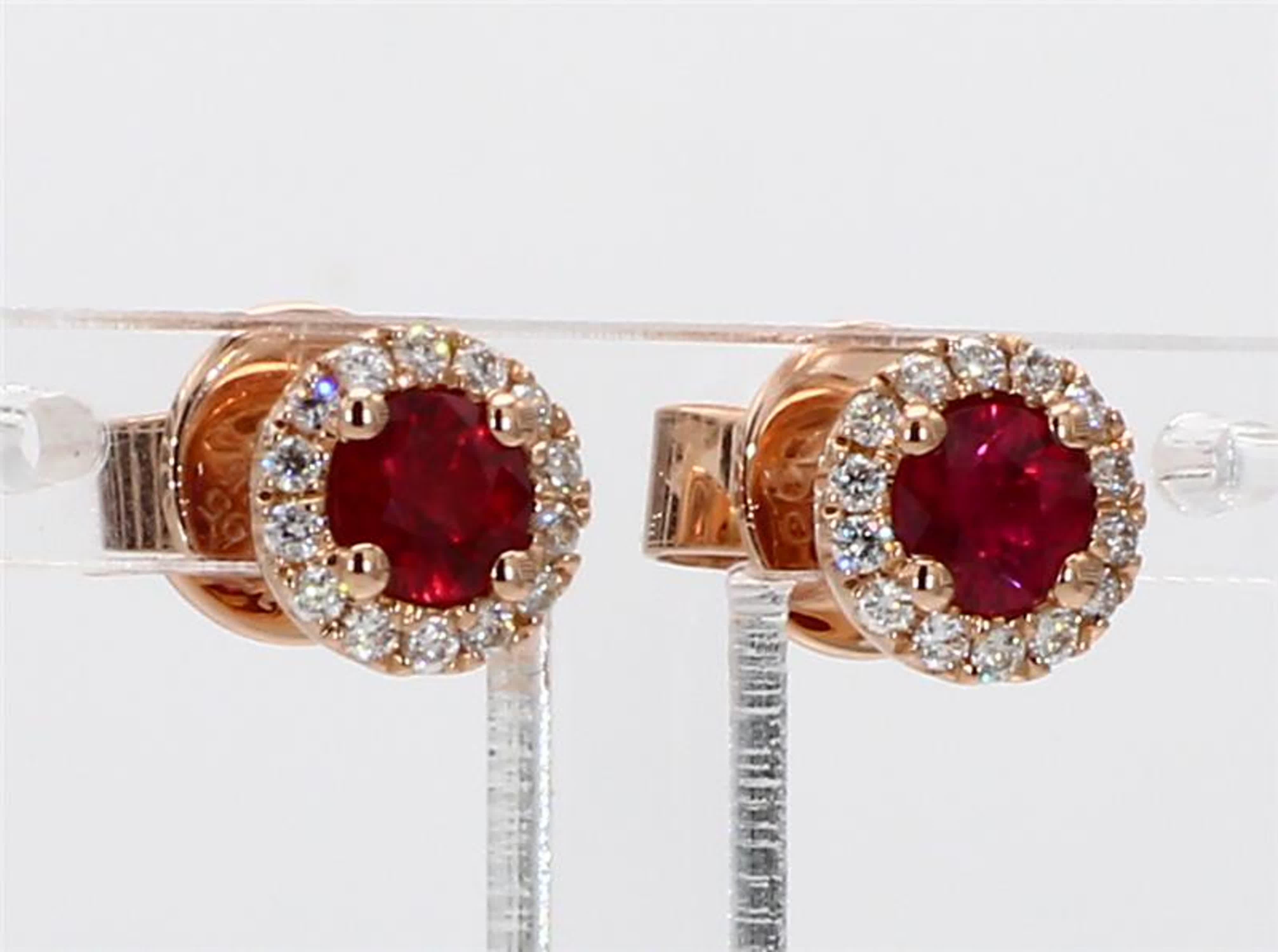 Natural Red Round Ruby and White Diamond .72 Carat TW Rose Gold Stud Earrings For Sale 1