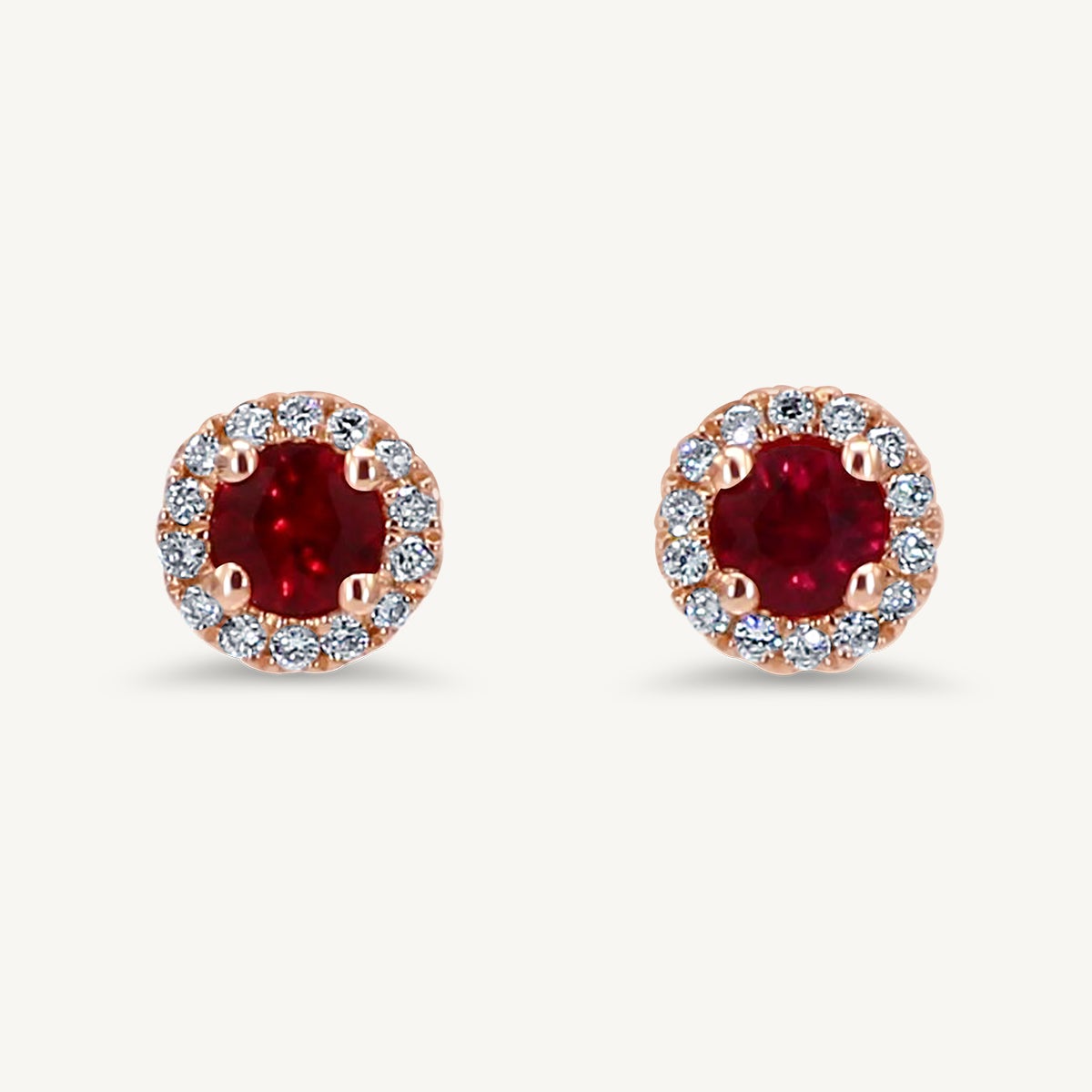 Natural Red Round Ruby and White Diamond .72 Carat TW Rose Gold Stud Earrings For Sale