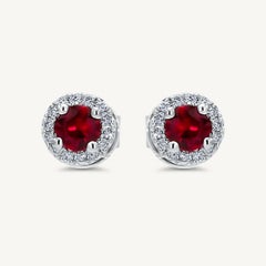 Natural Red Round Ruby and White Diamond .72 Carat TW White Gold Stud Earrings