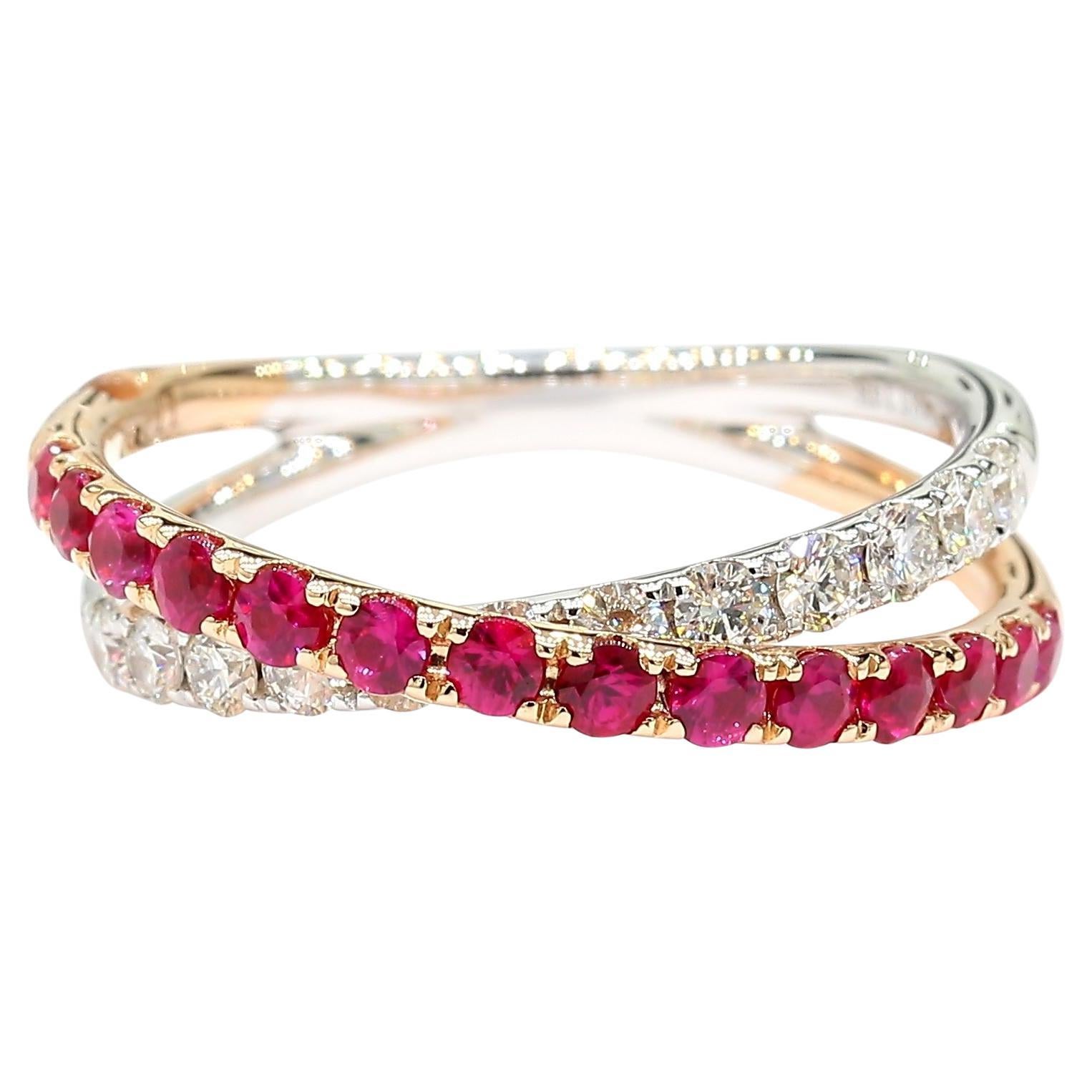 Natural Red Round Ruby and White Diamond .85 Carat TW Gold Cocktail Band