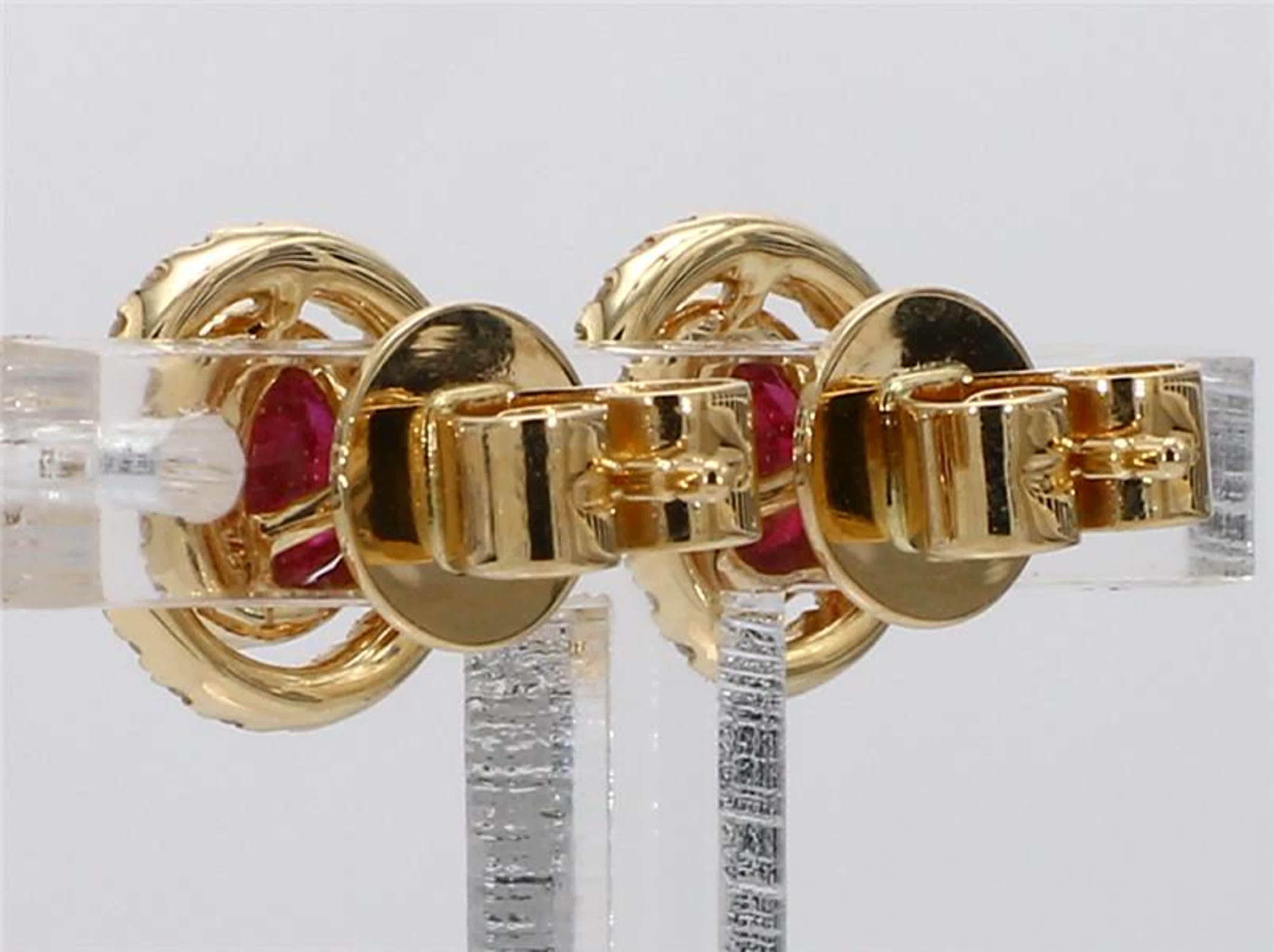 Contemporary Natural Red Round Ruby and White Diamond .88 Carat TW Yellow Gold Stud Earrings For Sale
