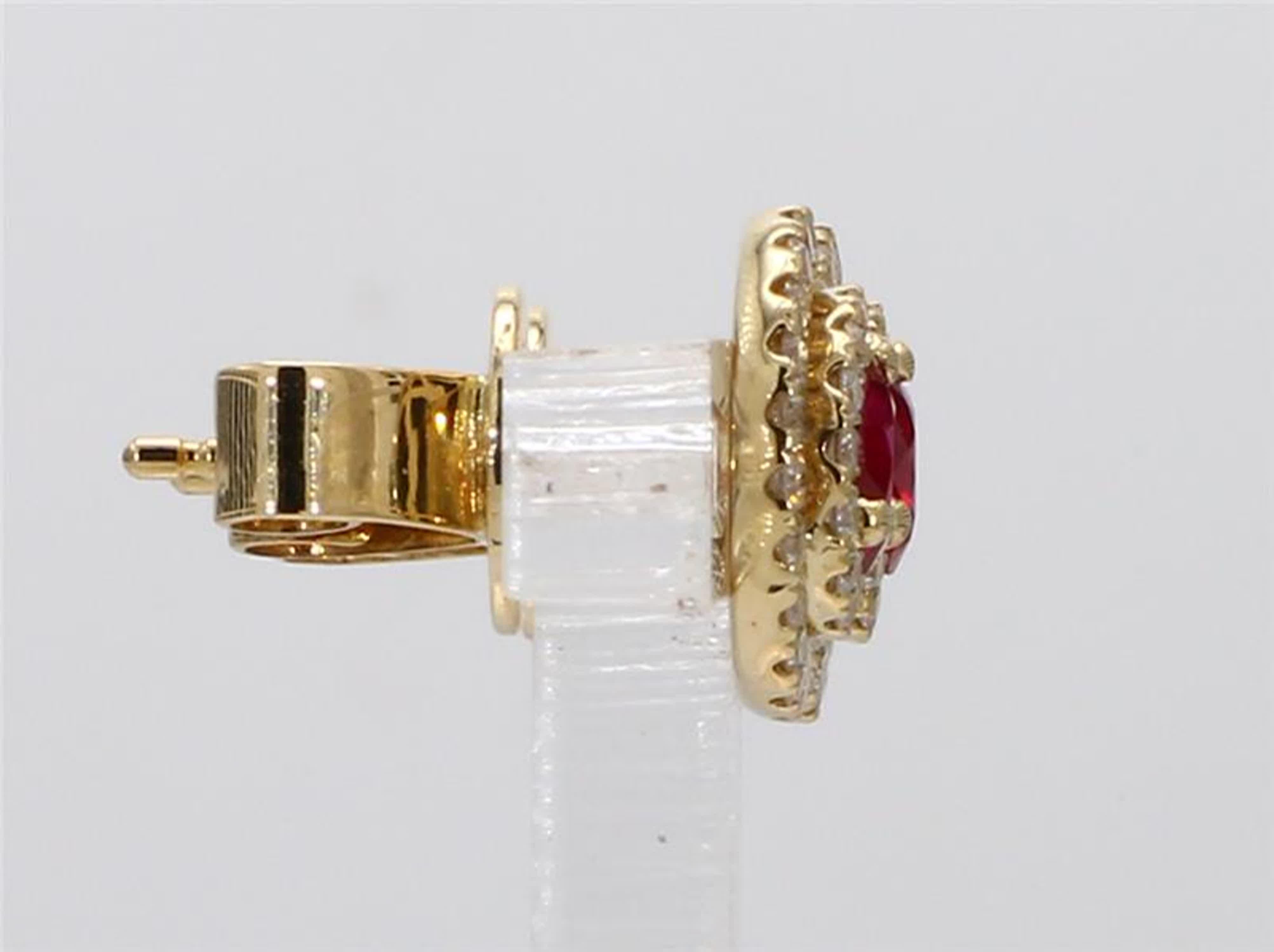 Natural Red Round Ruby and White Diamond .88 Carat TW Yellow Gold Stud Earrings In New Condition For Sale In New York, NY