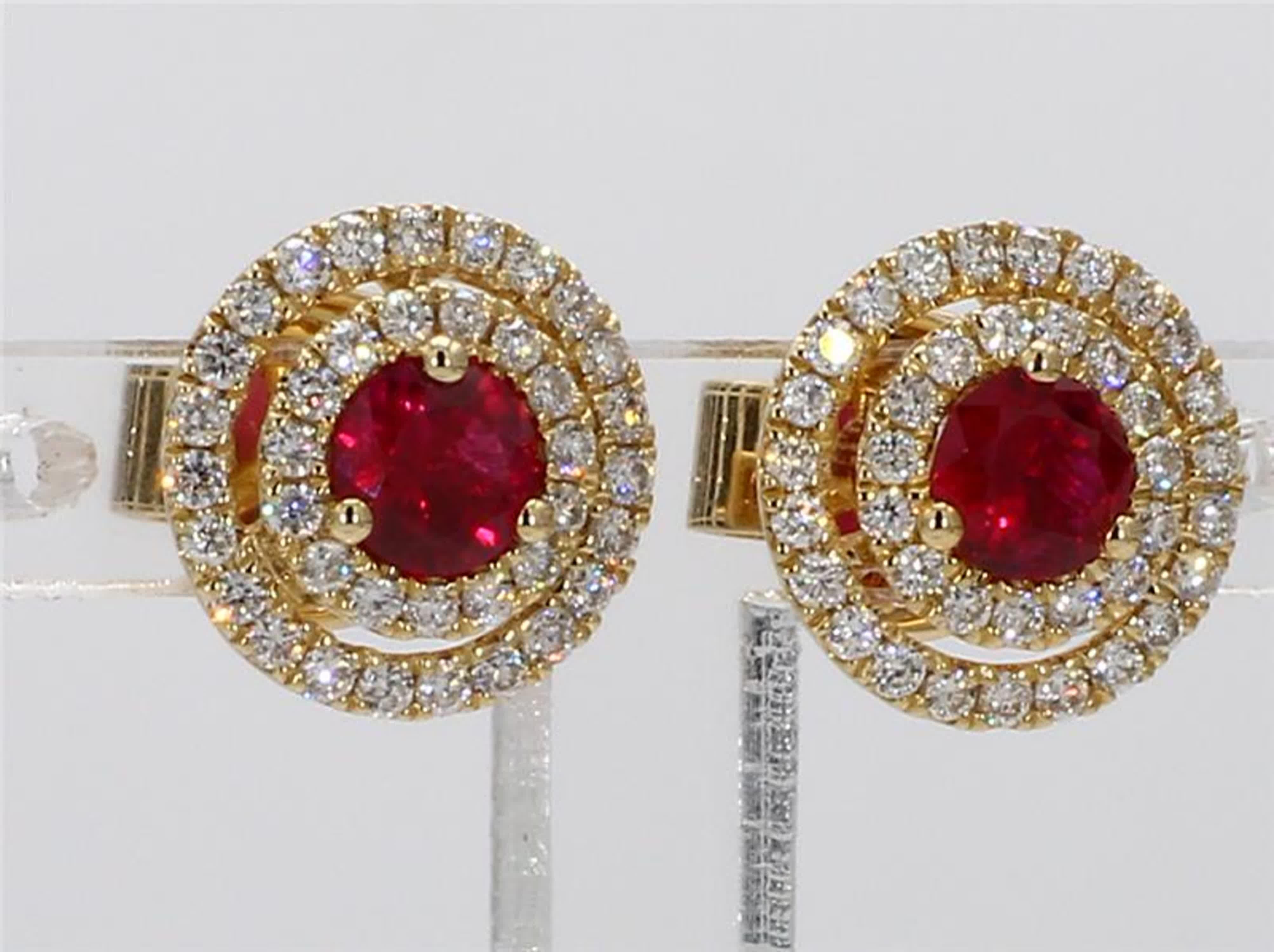 Women's Natural Red Round Ruby and White Diamond .88 Carat TW Yellow Gold Stud Earrings For Sale