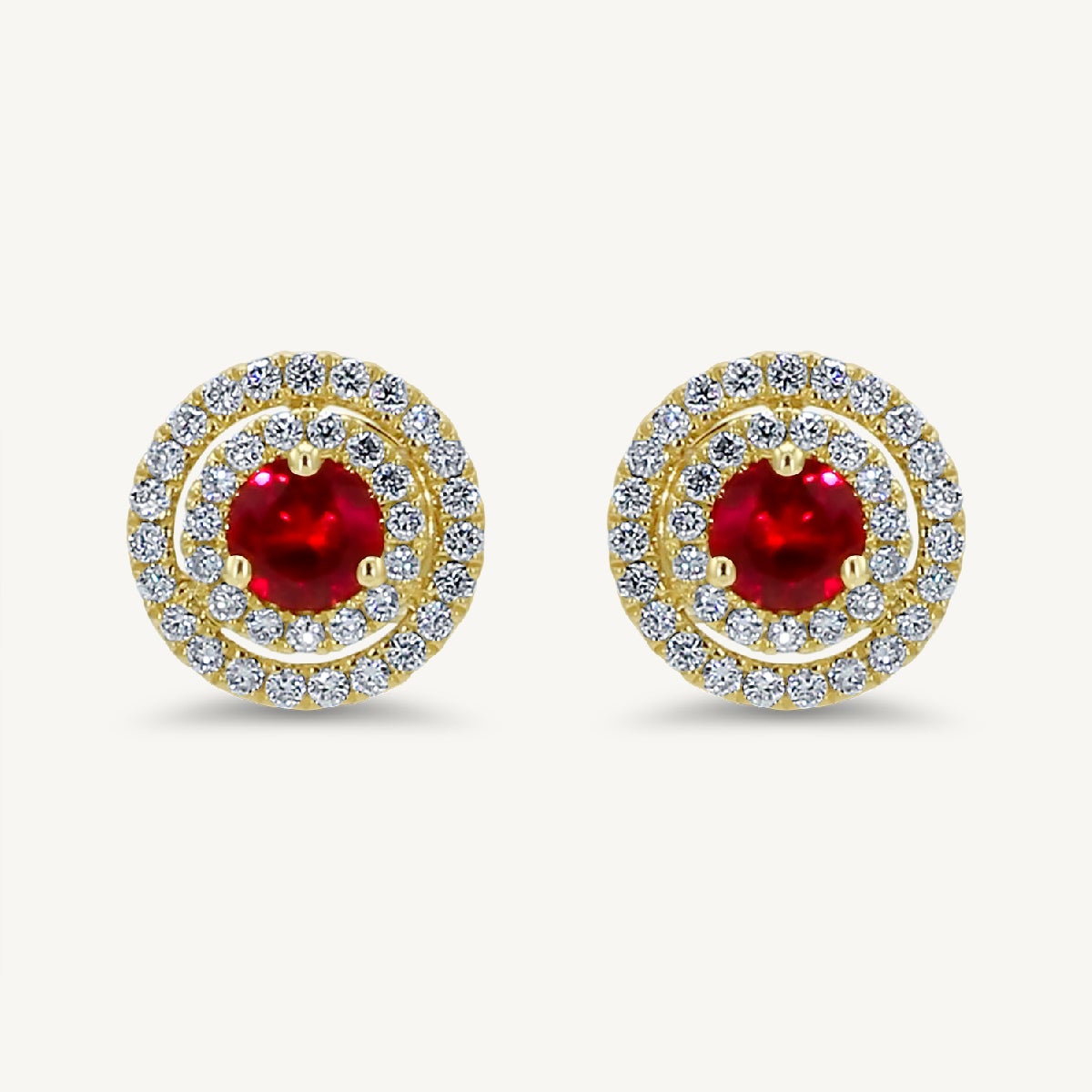 Natural Red Round Ruby and White Diamond .88 Carat TW Yellow Gold Stud Earrings For Sale