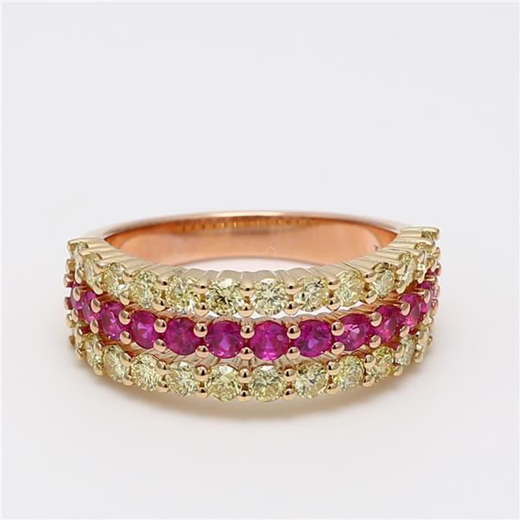 RareGemWorld's classic ruby band. Mounted in a beautiful 14K Rose Gold setting with a natural round cut red ruby's complimented by natural round yellow diamond melee. This band is guaranteed to impress and enhance your personal collection!
