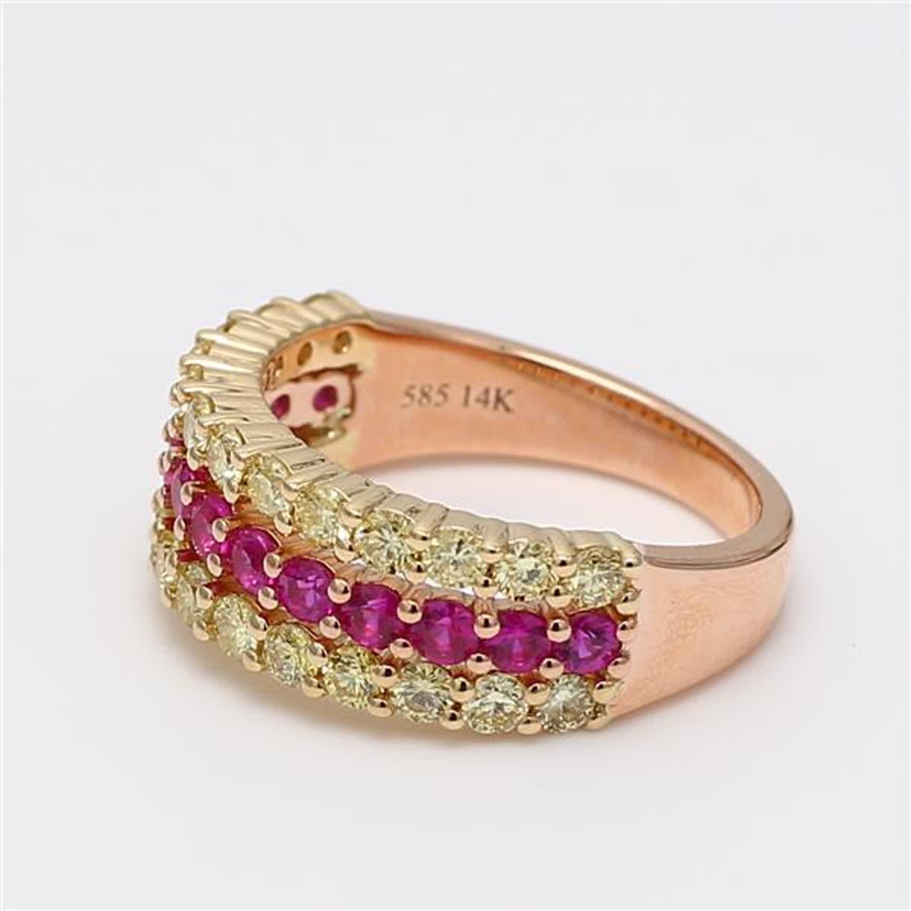 Contemporary Natural Red Round Ruby and Yellow Diamond 1.79 Carat TW Rose Gold Wedding Band For Sale