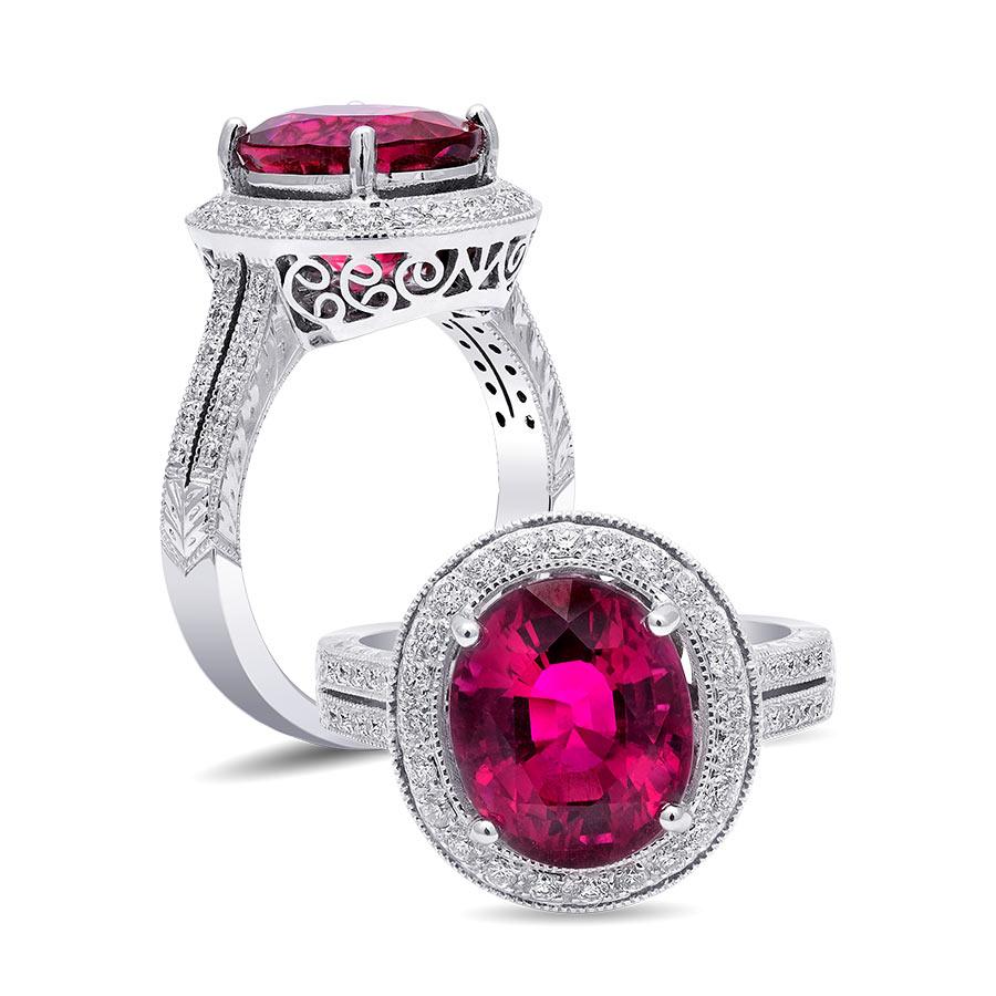 Discover the captivating elegance of this natural rubellite tourmaline ring, exquisitely set in 18K white gold. This exceptional piece, complemented by sparkling diamonds, showcases the finest craftsmanship and the enchanting beauty of these