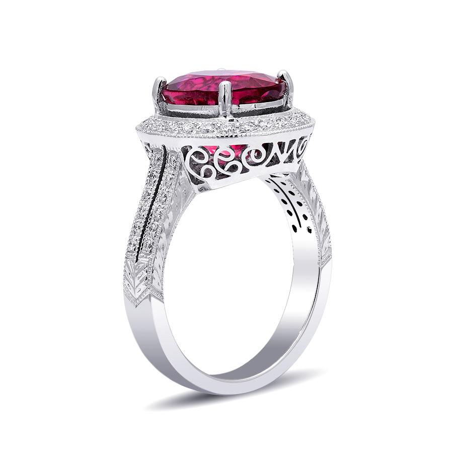 Natural Red Rubellite Gemstone 4.59 carats in 18K White Gold Ring with Diamonds In New Condition For Sale In Los Angeles, CA