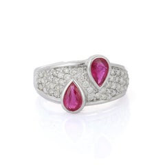 Natural Red Ruby and Diamond 18 Karat White Gold Cocktail Ring Gift for Her