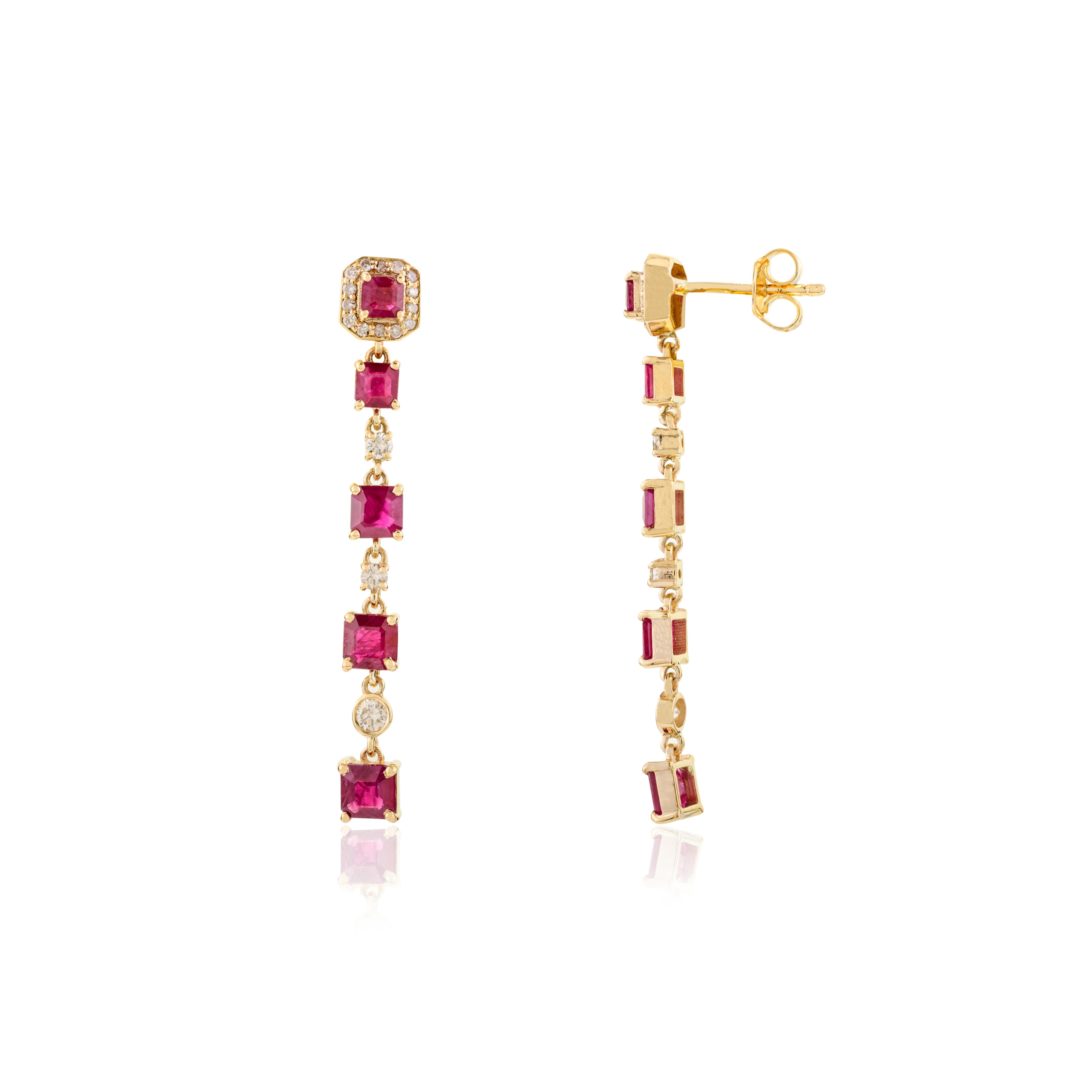 Quadrato Orecchini con diamanti e rubini rossi Nature, regalo per lei in oro giallo 14k in vendita