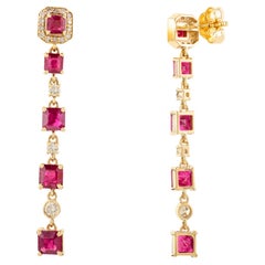 Pendientes colgantes de rubí rojo natural y diamantes Regalo para ella en oro amarillo de 14k