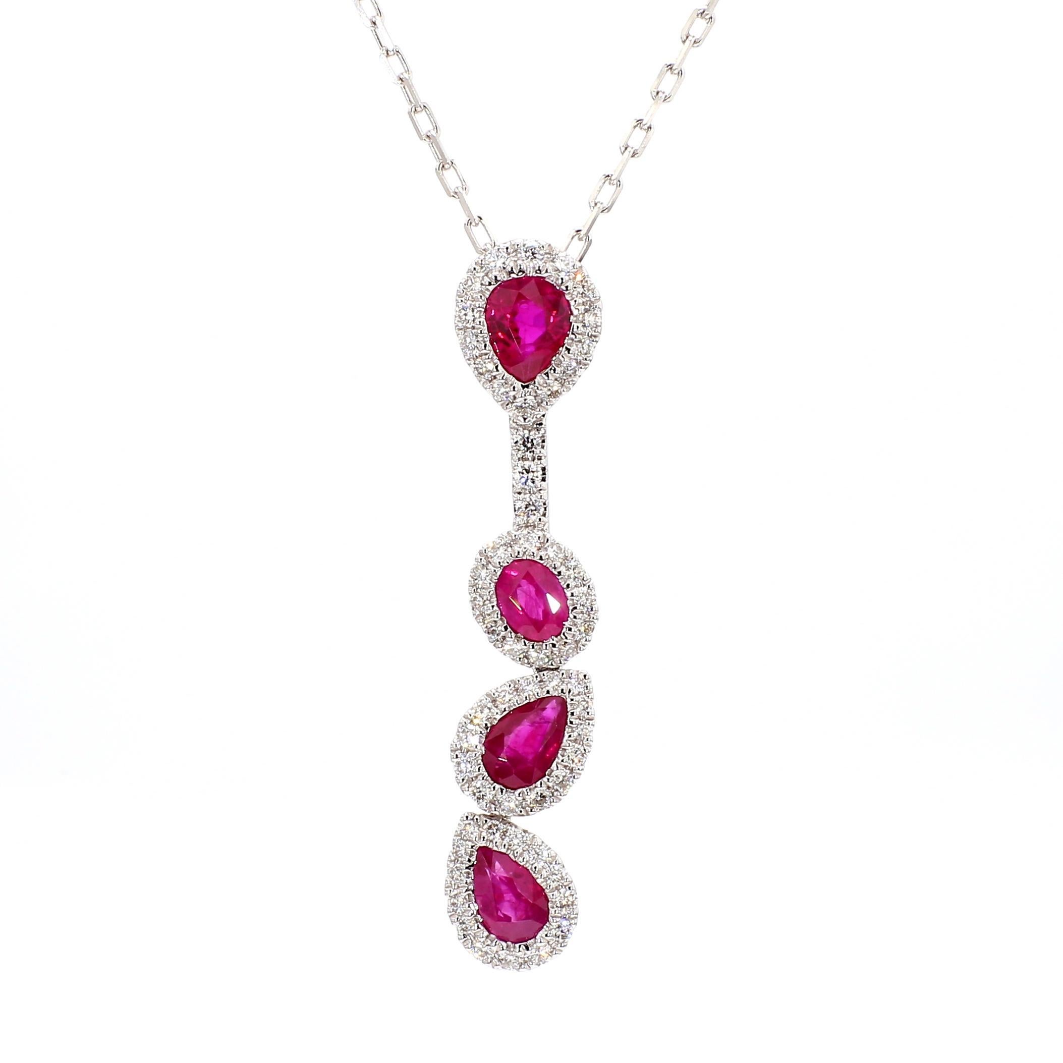 Contemporary Natural Red Ruby and White Diamond 1.47 Carat TW Gold Drop Pendant For Sale