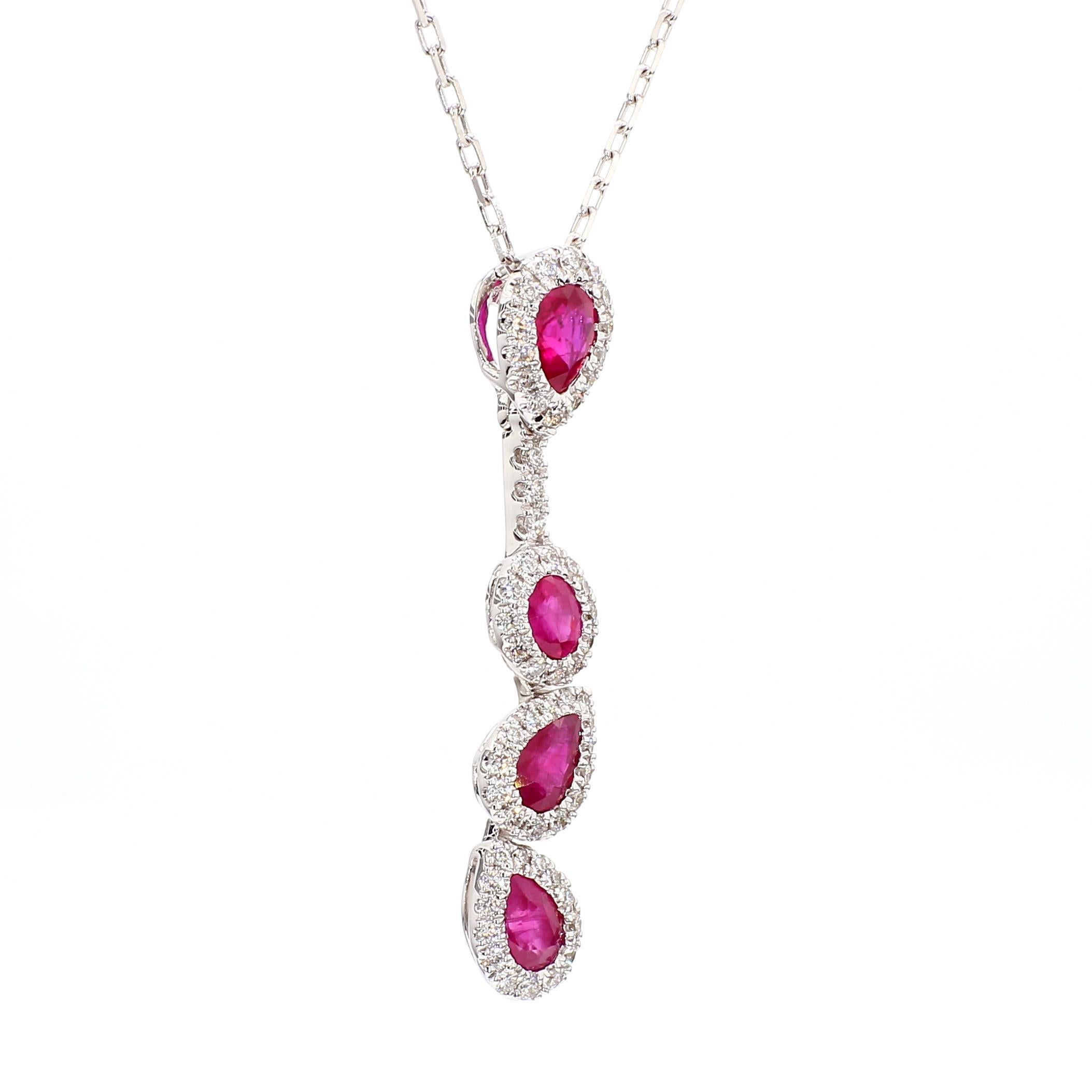Pear Cut Natural Red Ruby and White Diamond 1.47 Carat TW Gold Drop Pendant For Sale