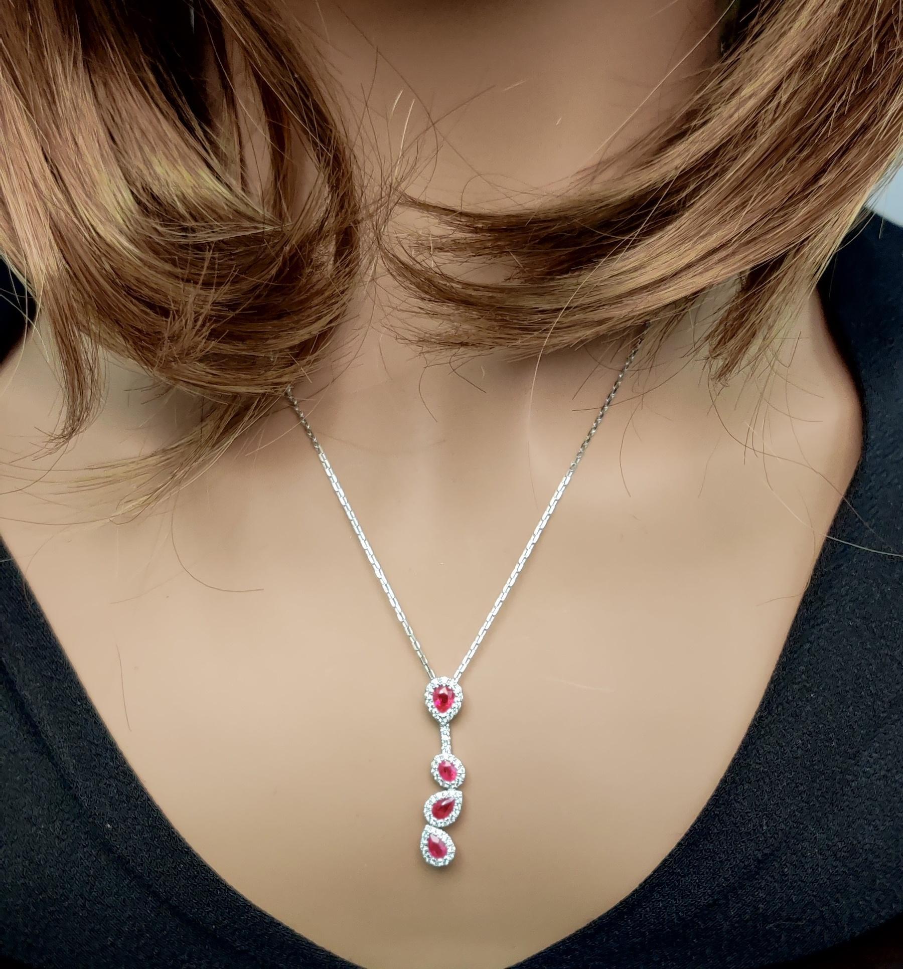Natural Red Ruby and White Diamond 1.47 Carat TW Gold Drop Pendant In New Condition For Sale In New York, NY
