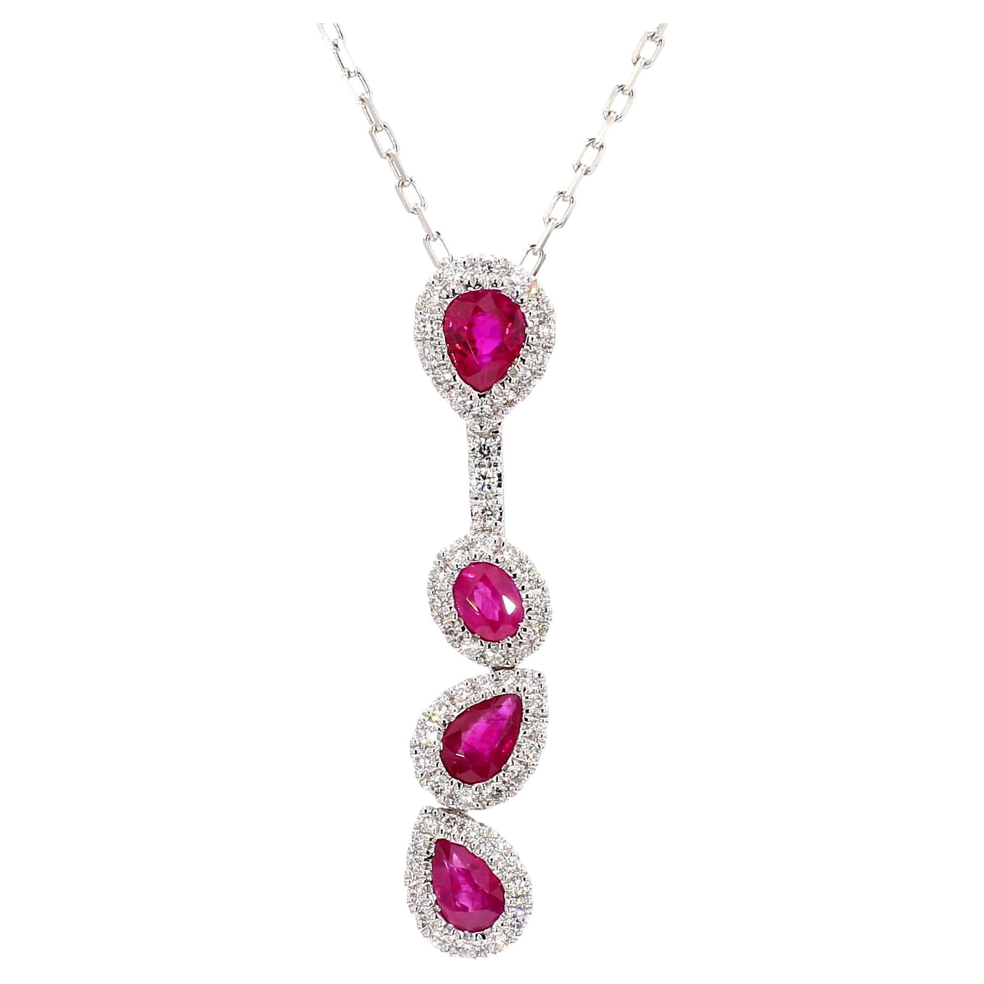 Natural Red Ruby and White Diamond 1.47 Carat TW Gold Drop Pendant