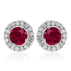 Natural Red Ruby Gemstone 1.01 carats in 14K White Gold Earrings with Diamonds