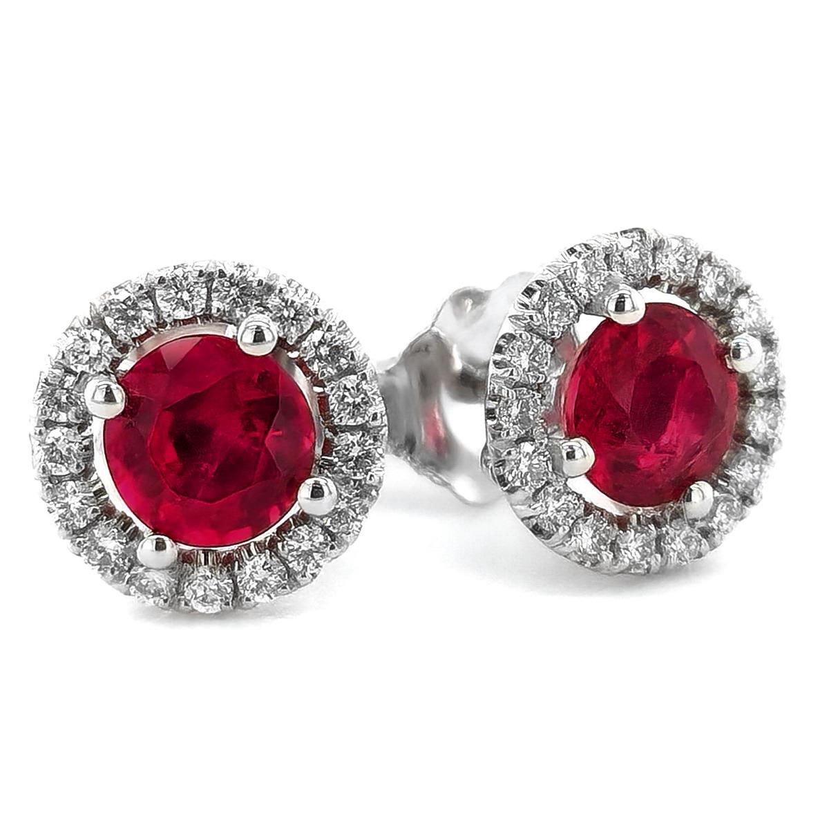 Mixed Cut Natural Red Ruby Gemstone 1.01 carats in 14K White Gold Earrings with Diamonds For Sale