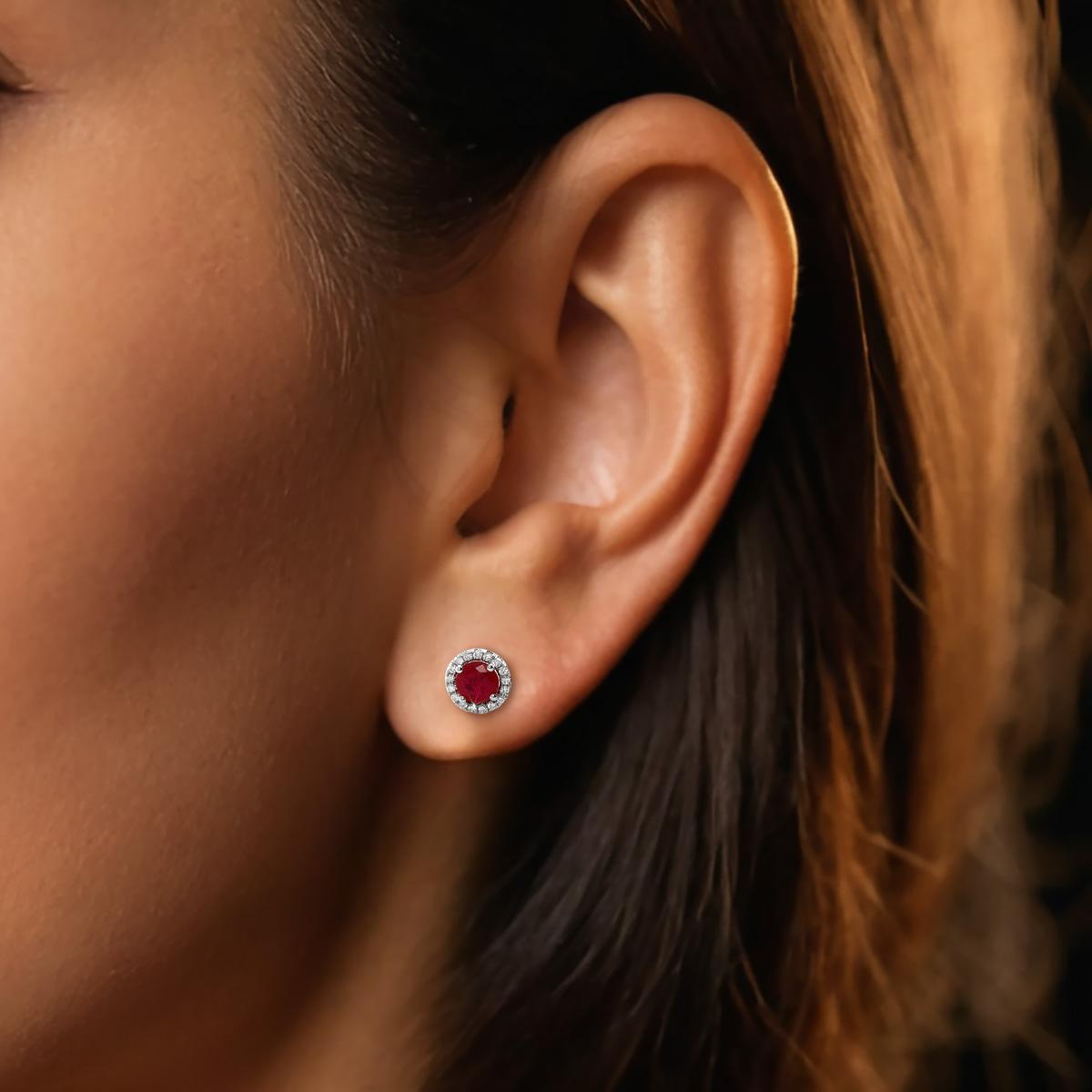 Natural Red Ruby Gemstone 1.01 carats in 14K White Gold Earrings with Diamonds For Sale 1