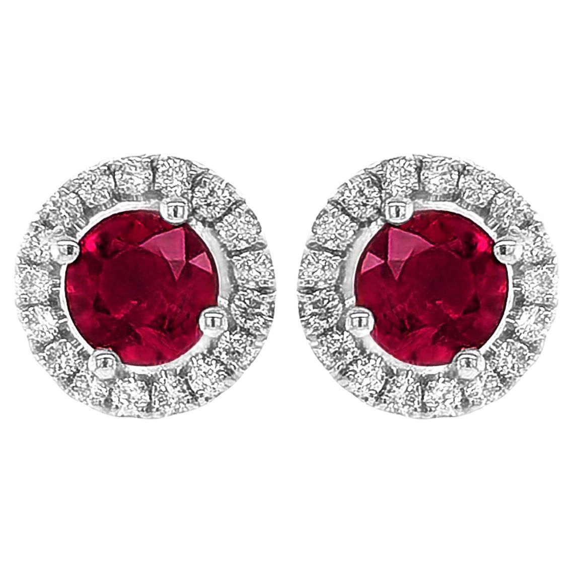Natural Red Ruby Gemstone 1.01 carats in 14K White Gold Earrings with Diamonds